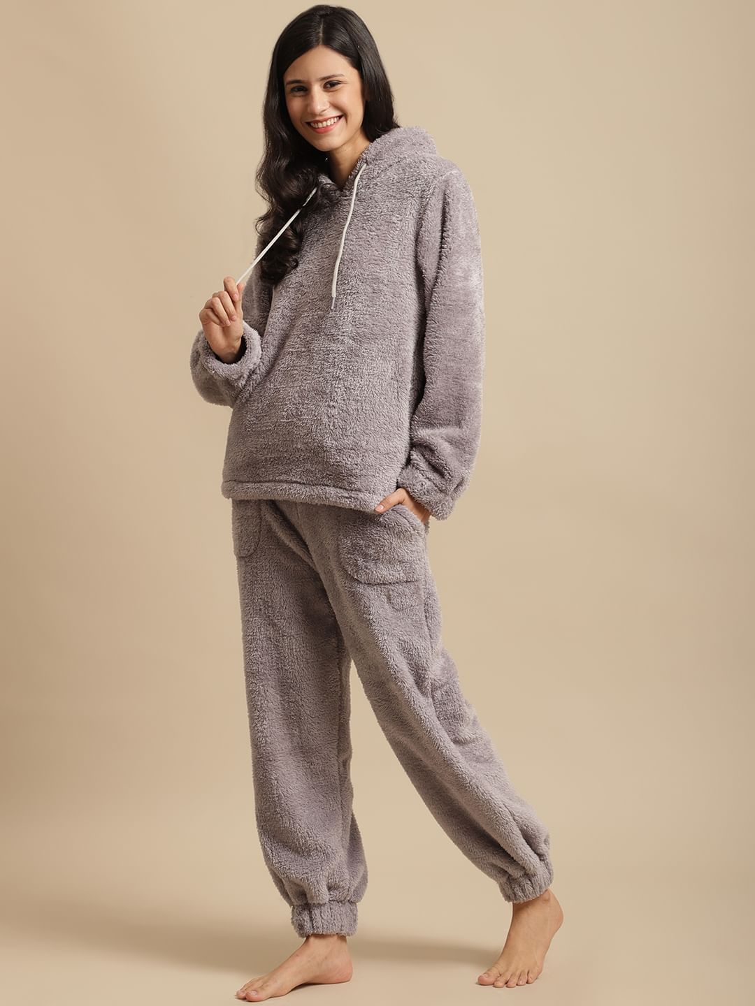 Grey Faux Fur Winter Night Suit