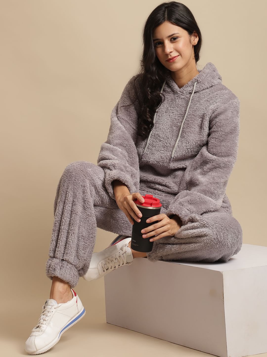 Grey Faux Fur Winter Night Suit
