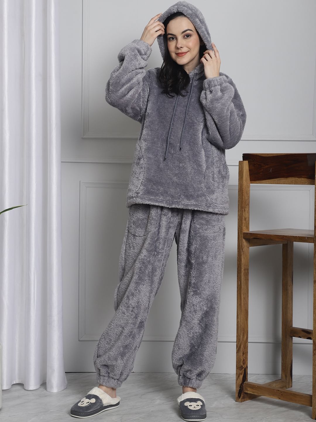 Grey Faux Fur Winter Night Suit