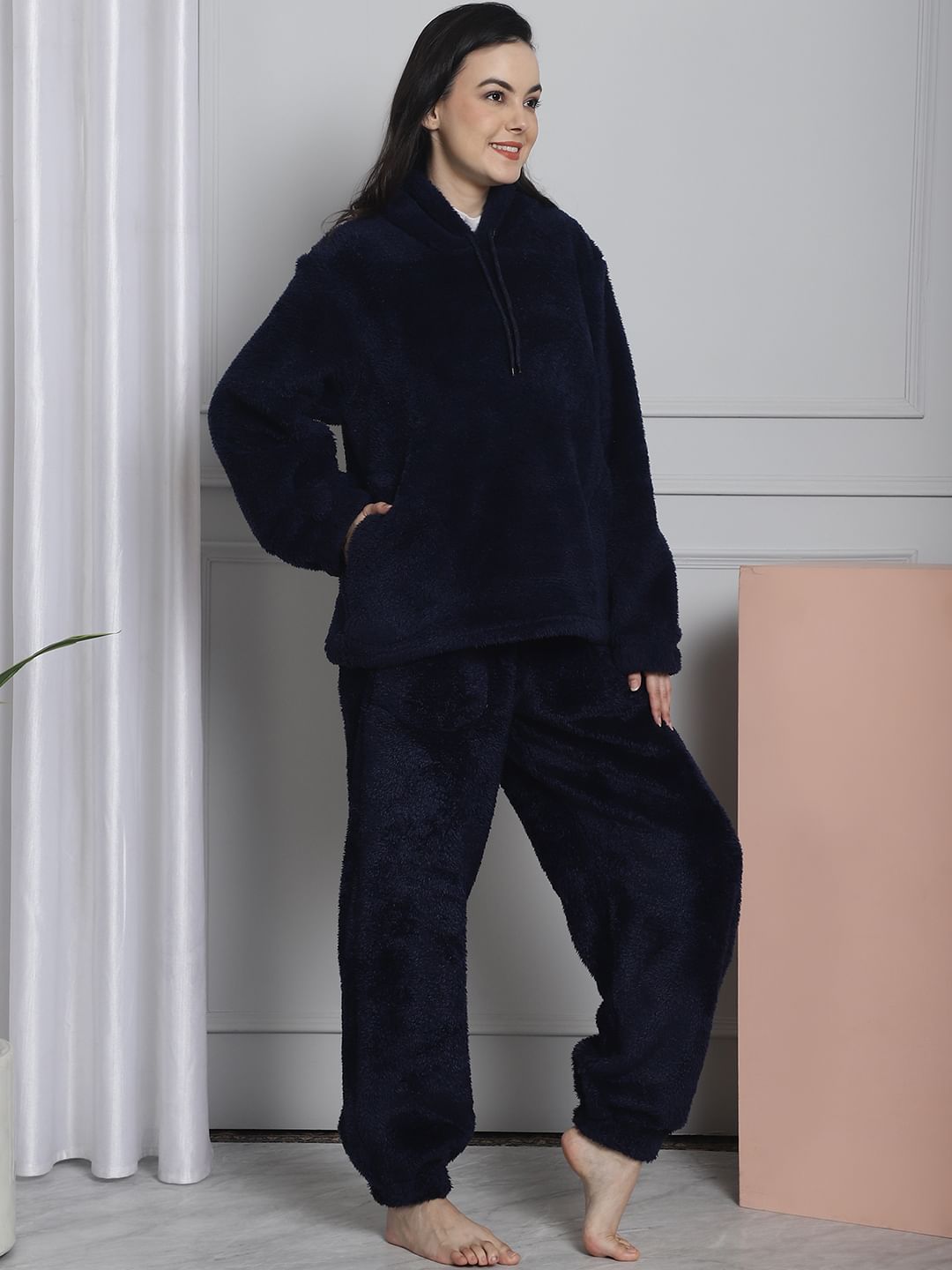 Navy Faux Fur Winter Night Suit
