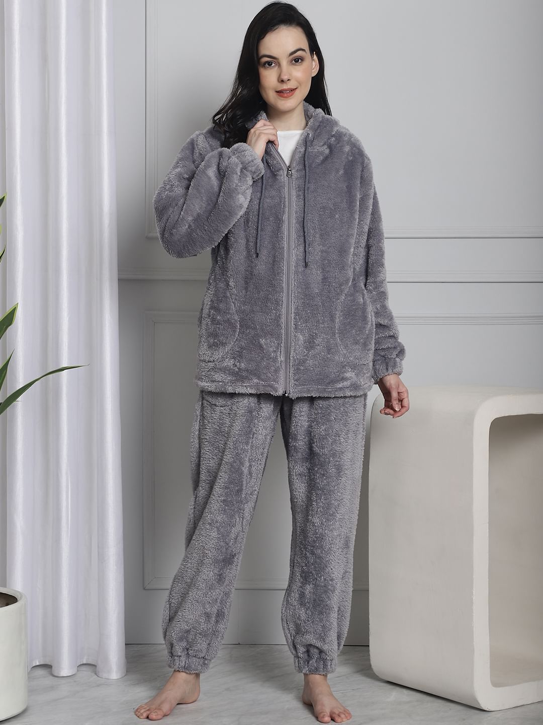 Grey Faux Fur Winter Night Suit
