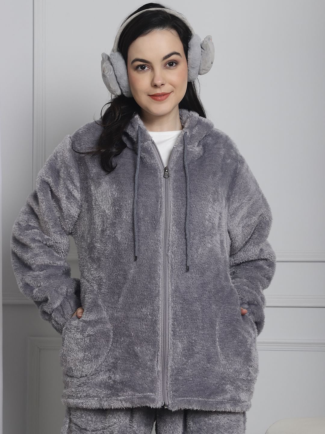 Grey Faux Fur Winter Night Suit