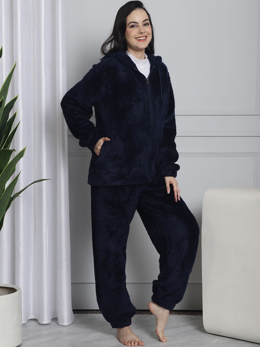 Navy Faux Fur Winter Night Suit