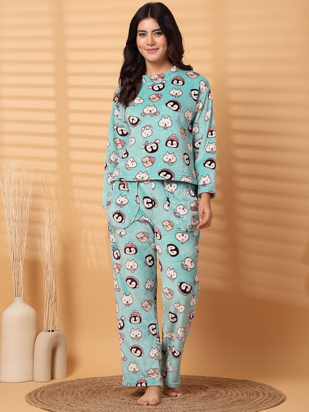 Light Green Printed Fur Woolen Night Suit