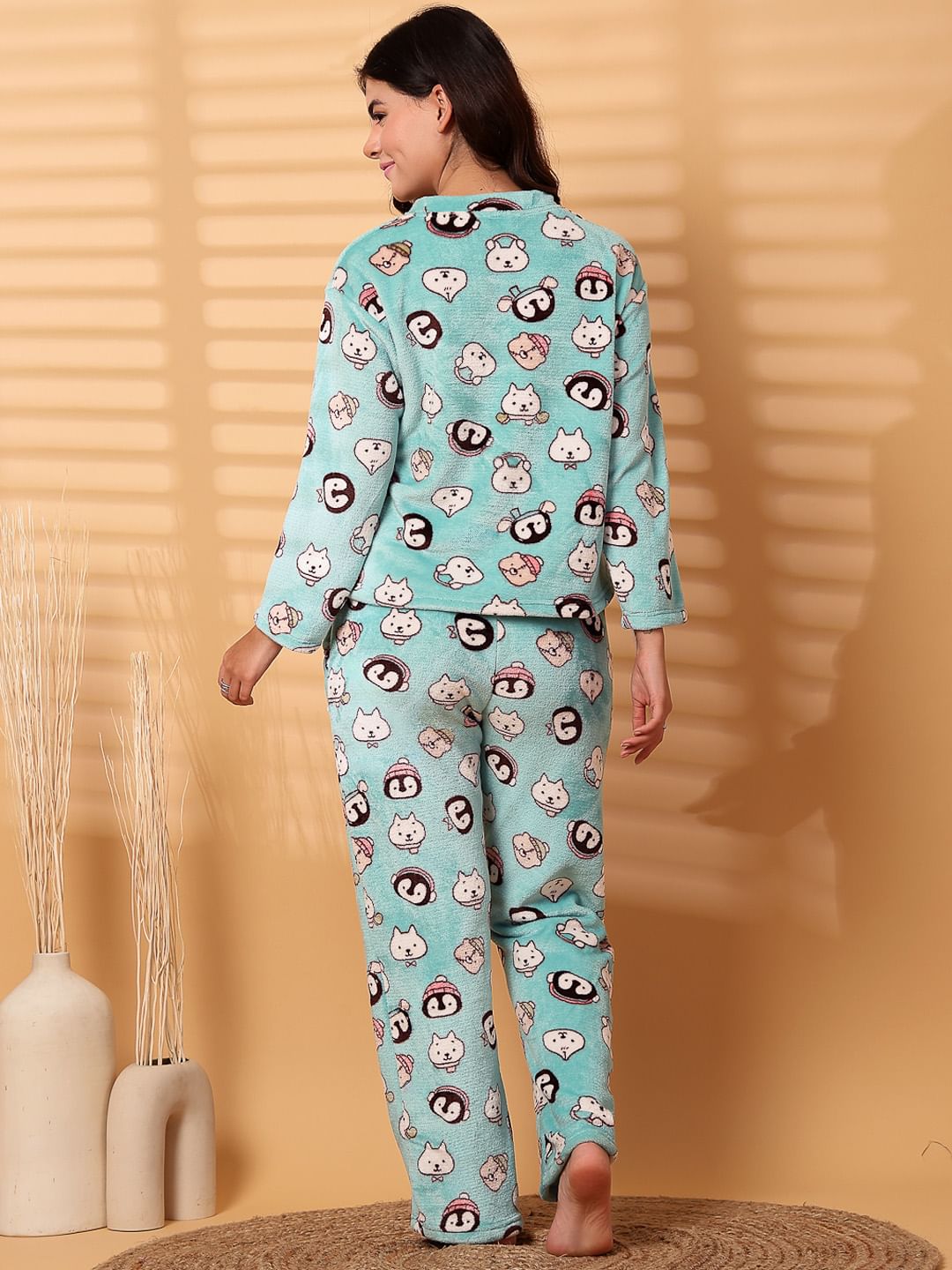 Light Green Printed Fur Woolen Night Suit