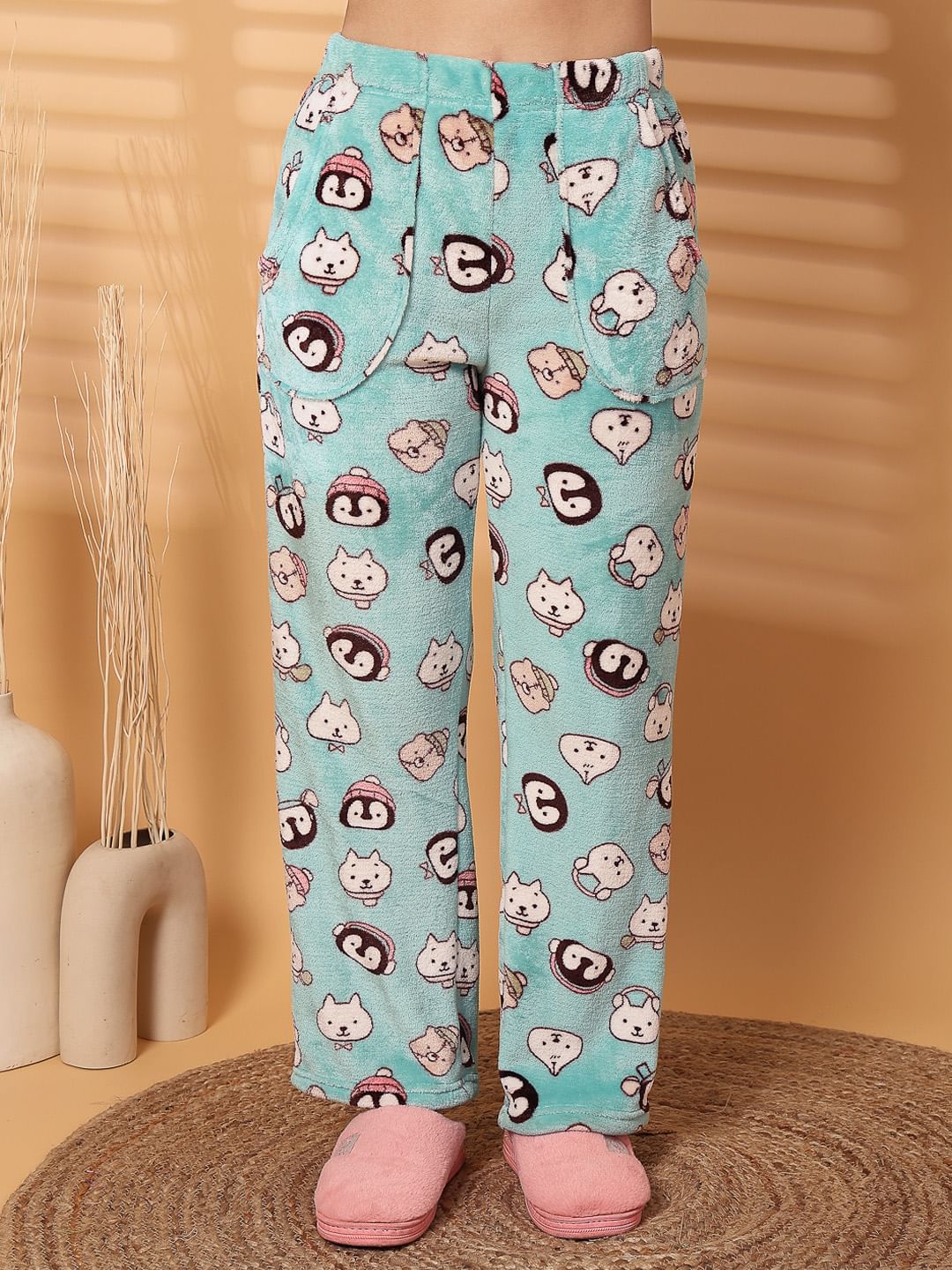 Light Green Printed Fur Woolen Night Suit