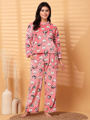 Pink Printed Fur Woolen Night Suit