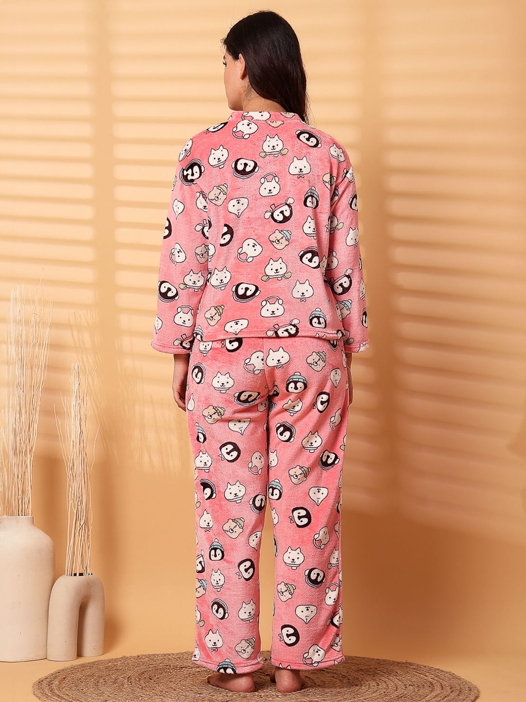 Pink Printed Fur Woolen Night Suit