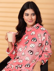 Pink Printed Fur Woolen Night Suit
