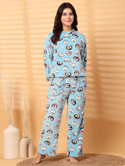 Sky Blue Printed Fur Woolen Night Suit