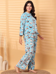 Sky Blue Printed Fur Woolen Night Suit