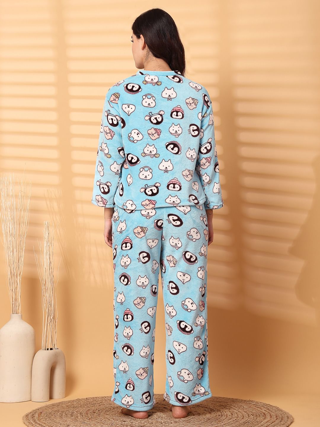 Sky Blue Printed Fur Woolen Night Suit