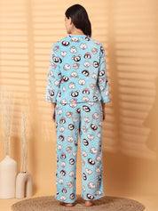 Sky Blue Printed Fur Woolen Night Suit
