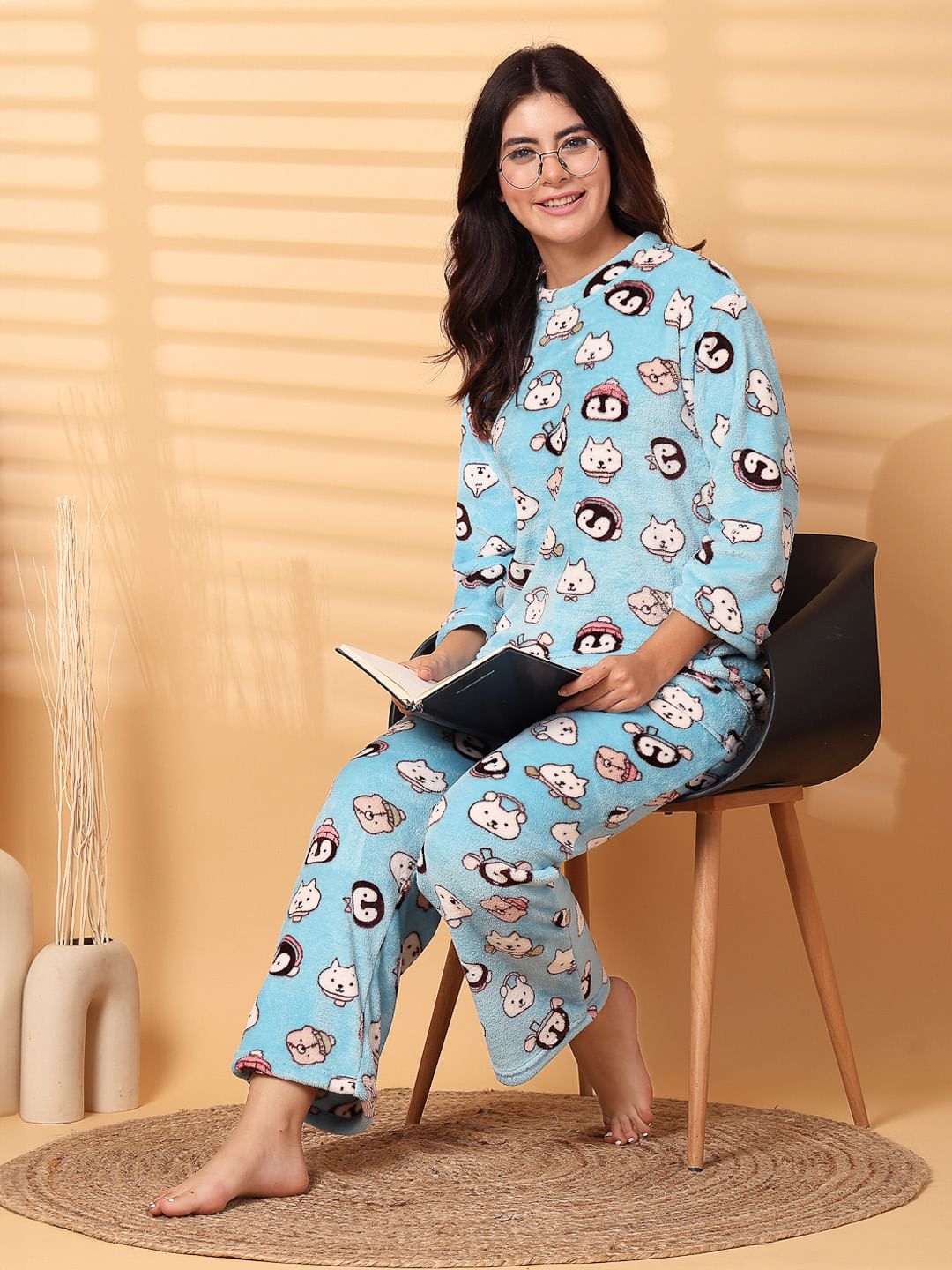 Sky Blue Printed Fur Woolen Night Suit