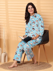 Sky Blue Printed Fur Woolen Night Suit