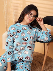 Sky Blue Printed Fur Woolen Night Suit