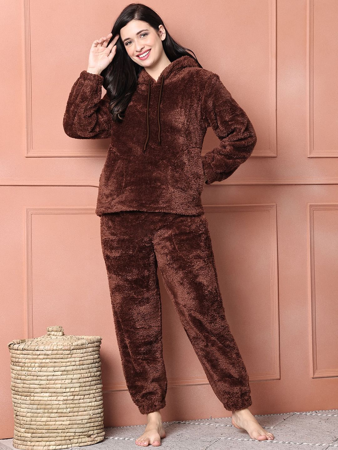 Brown Solid Faux Fur Night Suit Without Zip