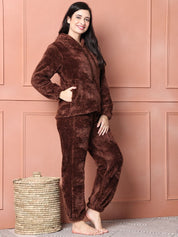 Brown Solid Faux Fur Night Suit Without Zip