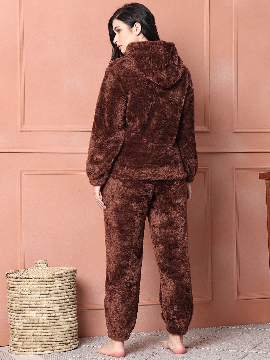 Brown Solid Faux Fur Night Suit Without Zip