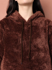 Brown Solid Faux Fur Night Suit Without Zip
