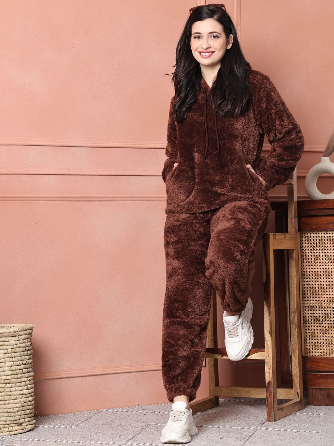 Brown Solid Faux Fur Night Suit Without Zip