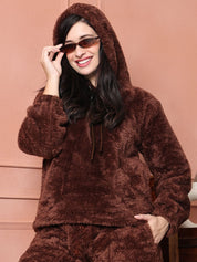 Brown Solid Faux Fur Night Suit Without Zip