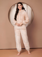 Beige Solid Faux Fur Zip Closure Winter Night Suit