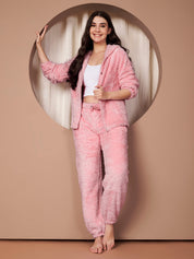Pink Solid Faux Fur Zip Closure Winter Night Suit