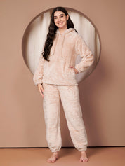 Beige Solid Faux Fur Winter Night Suit