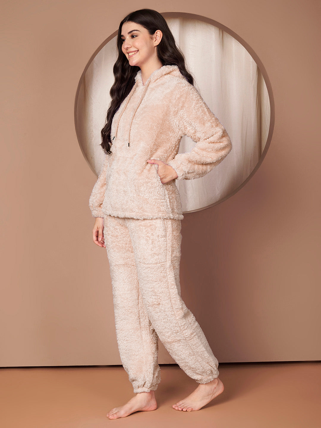 Beige Solid Faux Fur Winter Night Suit