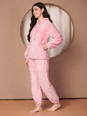 Pink Solid Faux Fur Winter Night Suit