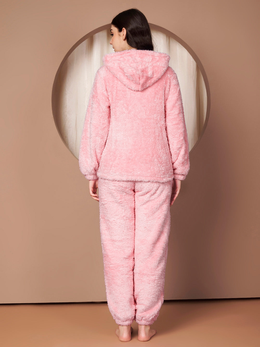 Pink Solid Faux Fur Winter Night Suit