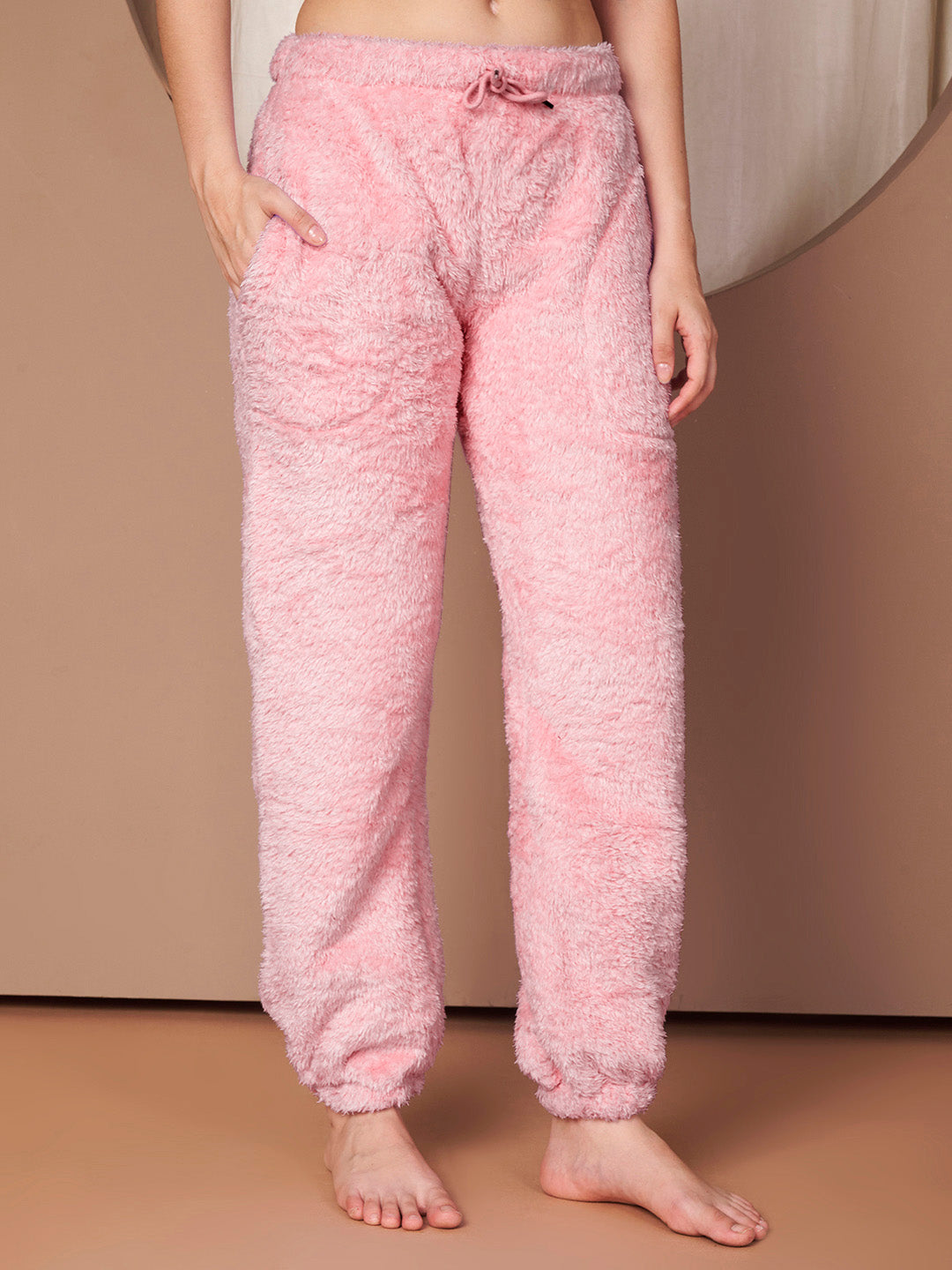 Pink Solid Faux Fur Winter Night Suit