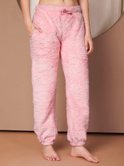 Pink Solid Faux Fur Winter Night Suit