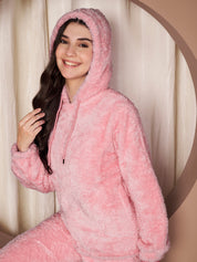 Pink Solid Faux Fur Winter Night Suit