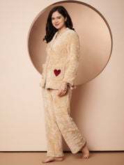 Beige Velvet Heart Faux Fur Winter Night Suit