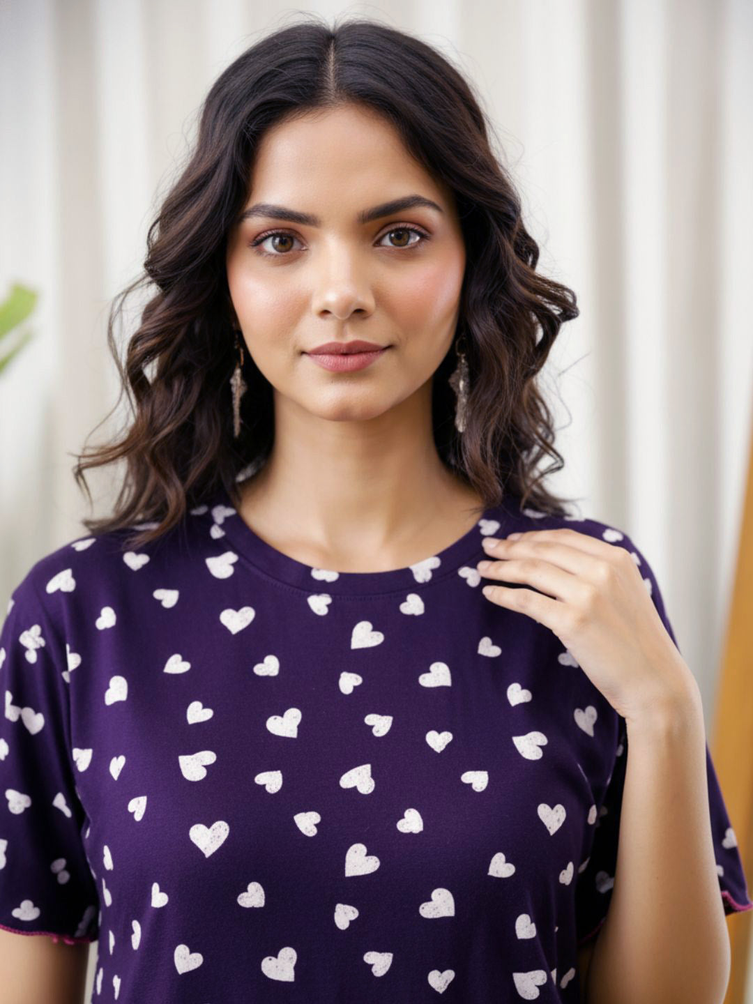 Violet Heart Print Hosiery Night Suit