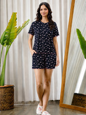 Dark Blue Printed Hosiery Night Suit