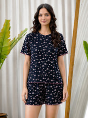 Dark Blue Printed Hosiery Night Suit