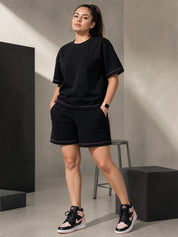 Black Solid Hosiery Night Suit Short