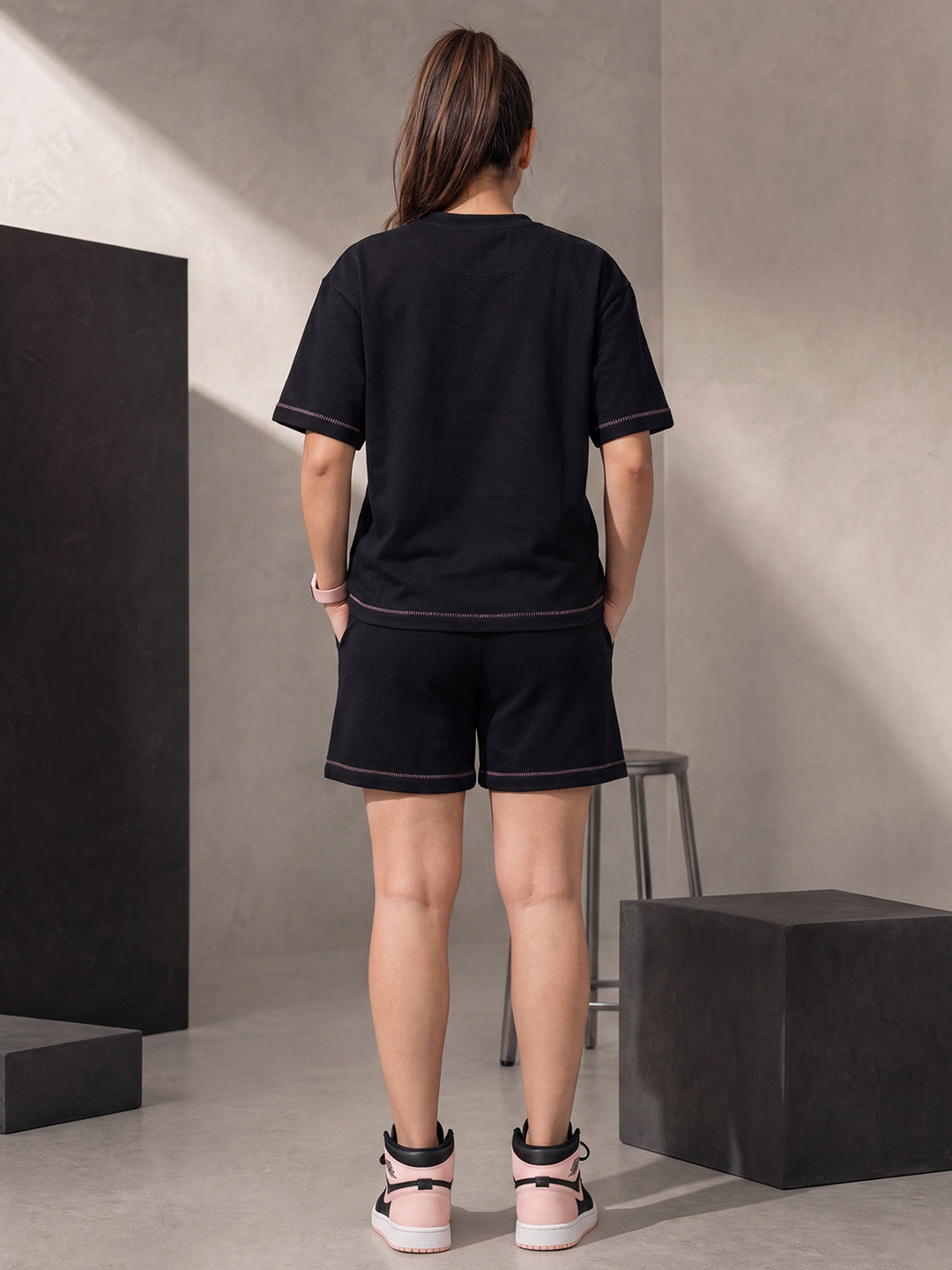Black Solid Hosiery Night Suit Short