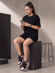 Black Solid Hosiery Night Suit Short
