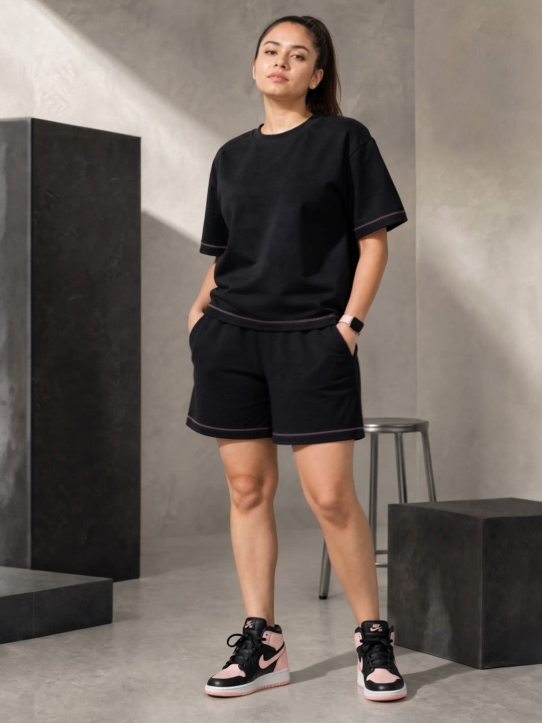 Black Solid Hosiery Night Suit Short