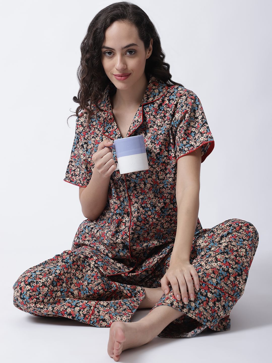 Cotton Floral Printed Night Suit set of Shirt & Pyjama trouser