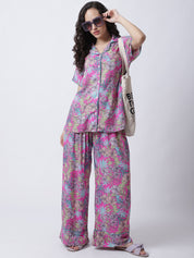Rayon Pink Botanical Printed Night Suit set of Shirt & Pyjama trouser