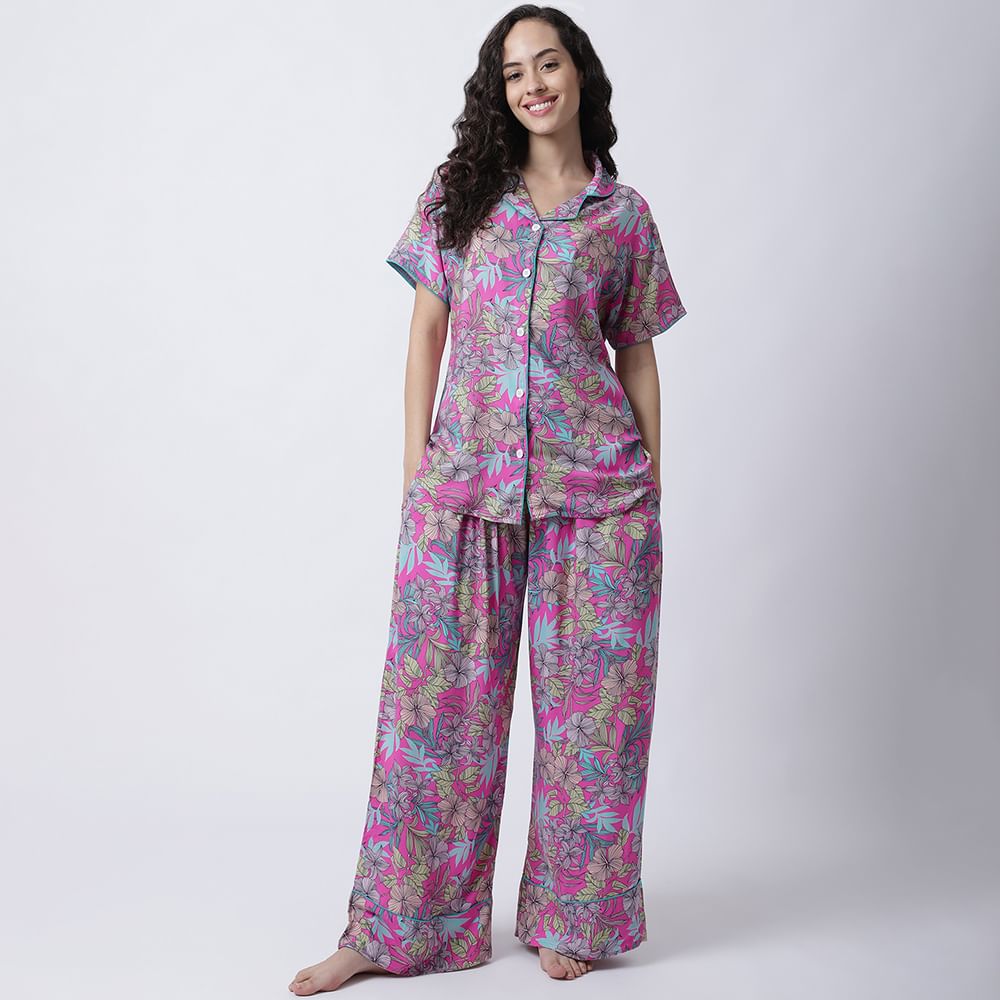 Rayon Pink Botanical Printed Night Suit set of Shirt & Pyjama trouser