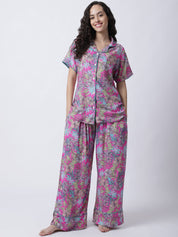 Rayon Pink Botanical Printed Night Suit set of Shirt & Pyjama trouser