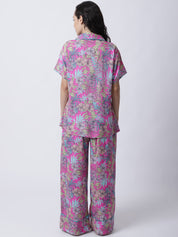 Rayon Pink Botanical Printed Night Suit set of Shirt & Pyjama trouser