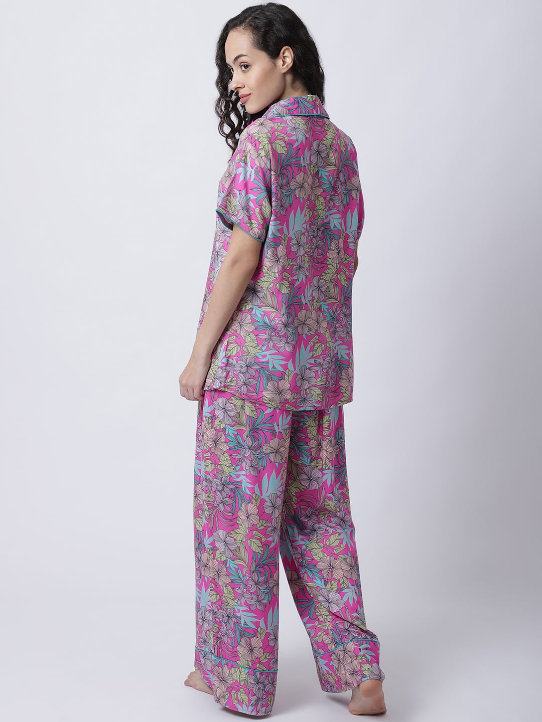 Rayon Pink Botanical Printed Night Suit set of Shirt & Pyjama trouser