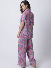 Rayon Pink Botanical Printed Night Suit set of Shirt & Pyjama trouser